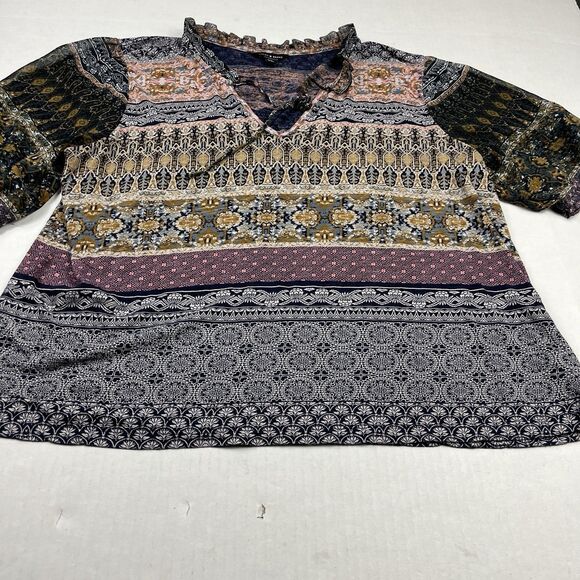 Lucky Brand Boho Patchwork Print Ruffle Trim Blouse Large Festival Soft Flowy - Picture 2 of 11